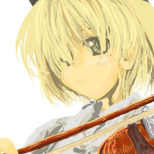 lunasa prismriver, touhou, lowres, 1girl, blonde hair, bow (music), female focus, holding, holding bow (music), instrument, portrait, simple background, solo, upper body, violin, white background