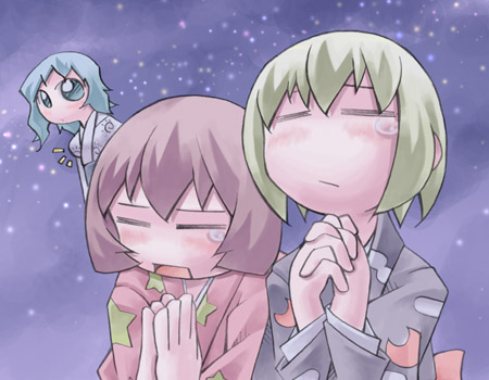nyagakiya, lunasa prismriver, lyrica prismriver, merlin prismriver, touhou, lowres, 3girls, blonde hair, breast envy, chibi, female focus, japanese clothes, multiple girls, own hands together, praying