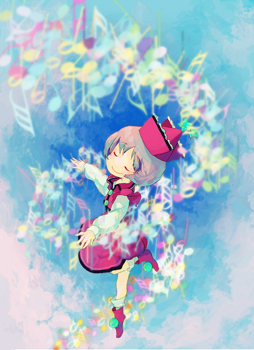 lyrica prismriver, touhou, 1girl, brown hair, closed eyes, cloud, female focus, grey hair, hat, instrument, keyboard, musical note, quaver, short hair, sky, smile, solo