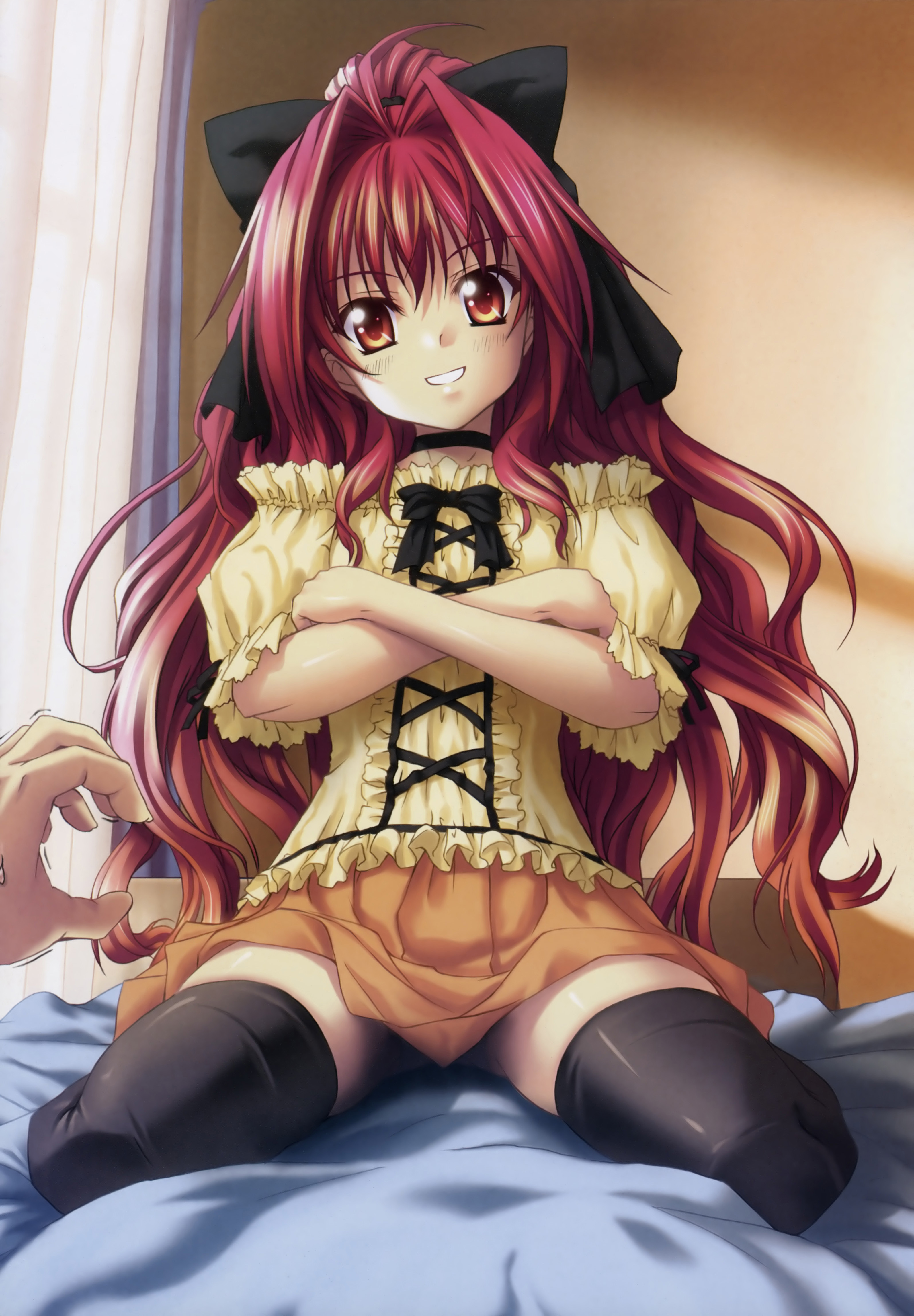 corticarte apa lagranges, shinkyoku soukai polyphonica, absurdres, highres, 00s, bed, choker, red eyes, red hair, thighhighs