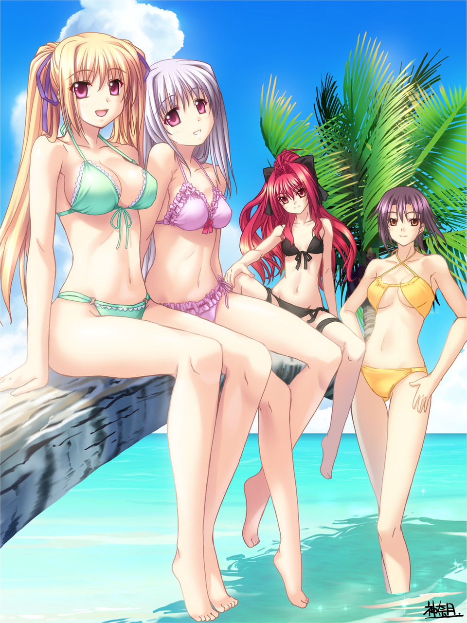 kannatsuki noboru, corticarte apa lagranges, tsuge eufinley, yugiri perserte, yugiri princesca, shinkyoku soukai polyphonica, light purple hair, highres, 00s, barefoot, beach, bikini, blonde hair, breasts, brown eyes, cleavage, cloud, feet, frilled bikini, frills, front-tie top, hair ribbon, large breasts, open mouth, purple eyes, purple hair, red hair, ribbon, siblings, sisters, sitting, sky, smile, swimsuit, thigh strap, tree, twins, twintails