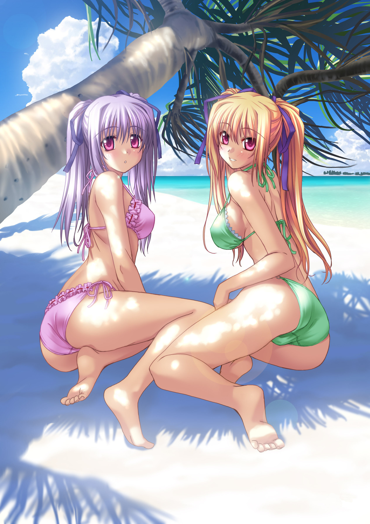 kannatsuki noboru, yugiri perserte, yugiri princesca, shinkyoku soukai polyphonica, duplicate, highres, 00s, 2girls, :o, ass, bare arms, bare legs, bare shoulders, barefoot, beach, bikini, black ribbon, blonde hair, breasts, dappled sunlight, day, frilled bikini, frills, from behind, hair ribbon, horizon, large breasts, looking back, medium breasts, multiple girls, ocean, open mouth, outdoors, palm tree, parted lips, purple eyes, purple hair, ribbon, sand, shore, side-tie bikini bottom, side ponytail, sitting, soles, summer, sunlight, swimsuit, teeth, toes, tree, twintails, water, yokozuwari