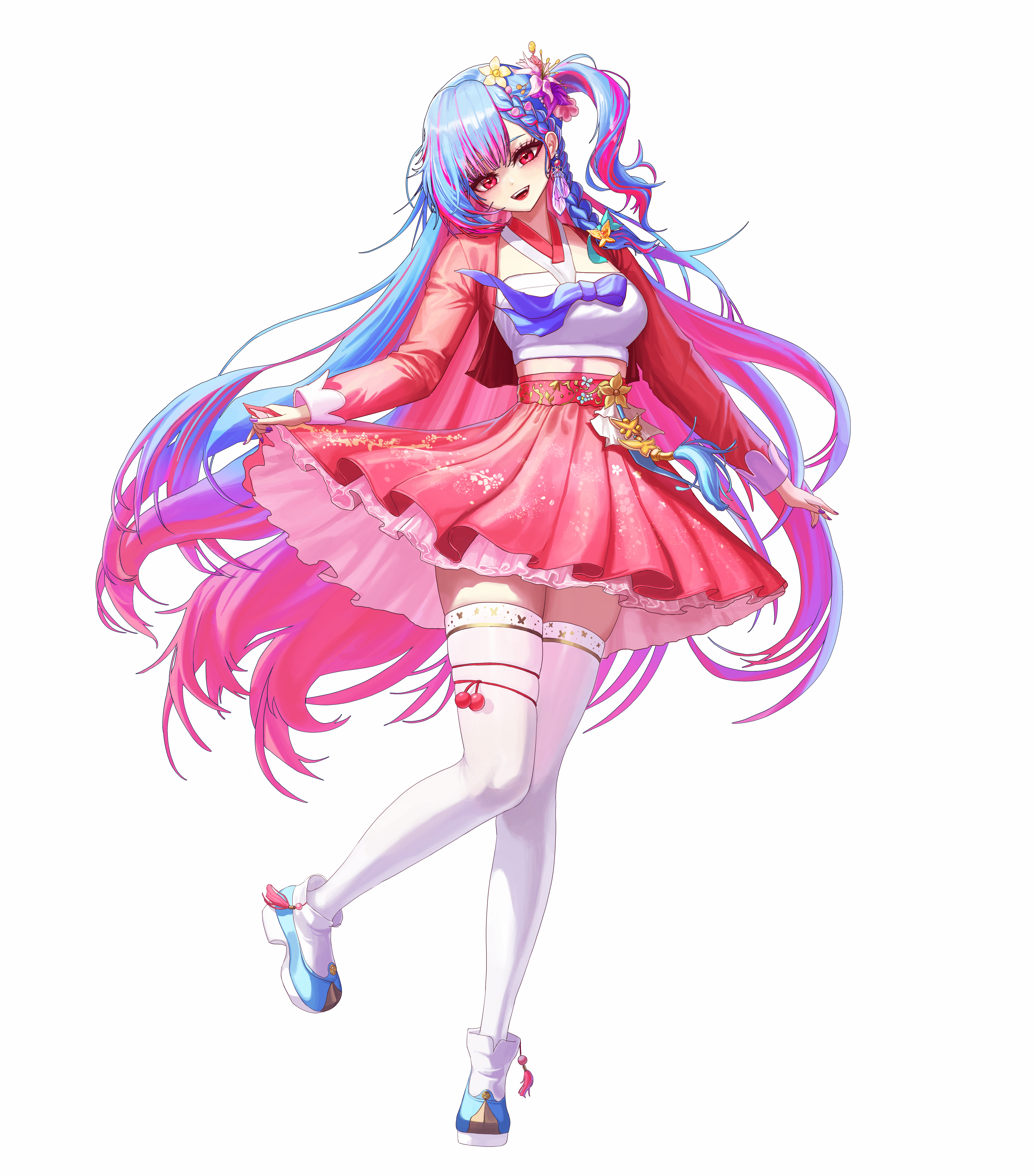 semicolon9991, dungeon and fighter, absurdres, commission, highres, 1girl, braid, breasts, clothes lift, flower, hair flower, hair ornament, hanbok, korean clothes, long hair, multicolored hair, open mouth, red eyes, shoes, skirt, skirt lift, smile, tassel, thighhighs, white thighhighs
