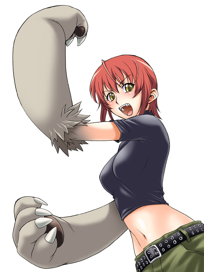 kouda tomohiro, riza wildman, kaibutsu oujo, 00s, 1girl, animal hands, babydoll t-shirt, belt, breasts, crop top, fangs, female focus, hip focus, large breasts, midriff, navel, open mouth, orange eyes, red hair, short hair, simple background, solo, white background, yellow eyes