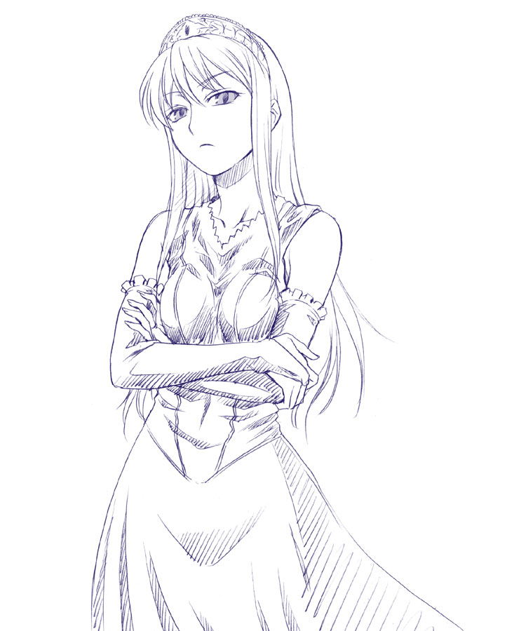 kouda tomohiro, hime (kaibutsu oujo), kaibutsu oujo, 00s, 1girl, crossed arms, dress, elbow gloves, female focus, gloves, gown, greyscale, long hair, monochrome, princess, solo, tiara