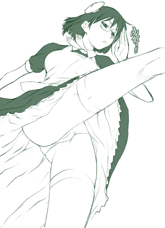 kouda tomohiro, francisca (kaibutsu oujo), kaibutsu oujo, 00s, 1girl, android, female focus, glasses, green theme, kicking, maid, monochrome, panties, simple background, solo, thighhighs, underwear