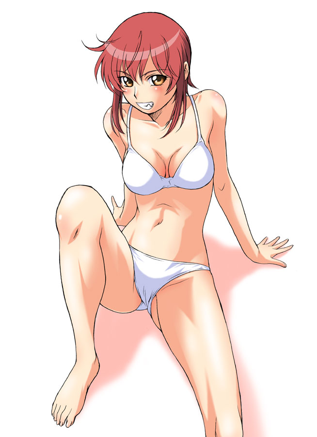 kouda tomohiro, riza wildman, kaibutsu oujo, 00s, 1girl, barefoot, bikini, feet, female focus, grin, orange eyes, red hair, short hair, smile, solo, swimsuit, white bikini