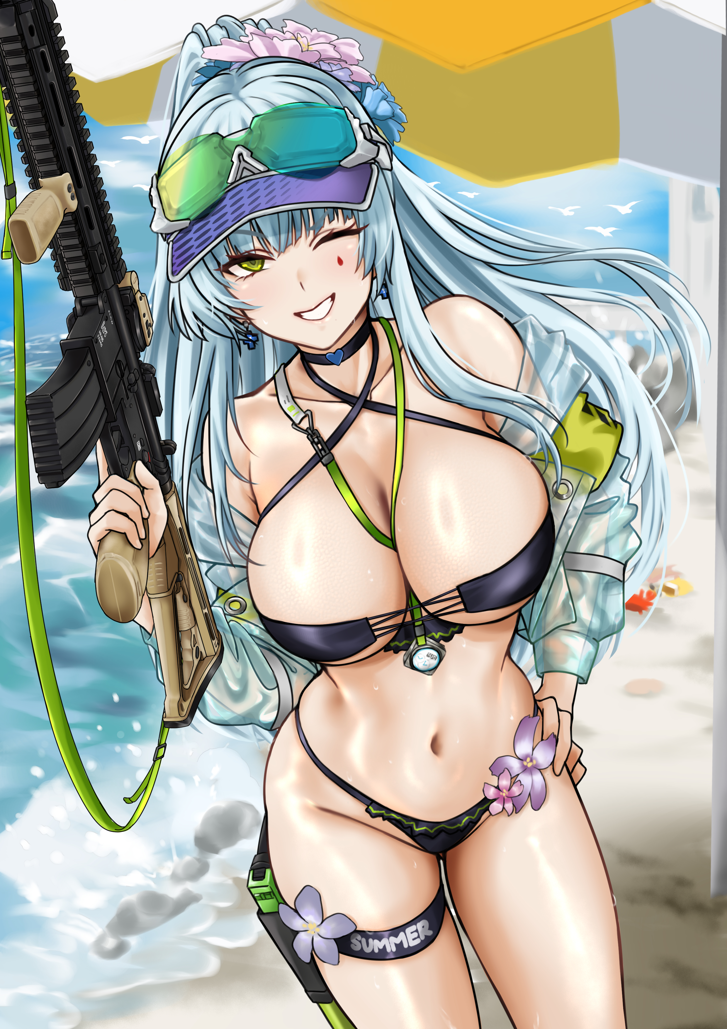 sam desu, hk416 (girls' frontline), klukai (cerulean breaker) (girls' frontline 2), klukai (girls' frontline 2), girls' frontline, girls' frontline 2: exilium, absurdres, highres, 1girl, armband, armpit crease, arms up, assault rifle, bare shoulders, beach, between breasts, bikini, black bikini, black choker, blue flower, blue hair, blurry, blurry background, breasts, choker, cleavage, clenched teeth, collarbone, crab, criss-cross halter, cross, cross earrings, dot nose, dutch angle, earrings, eyewear on headwear, flower, frilled bikini, frills, green armband, green eyes, groin, gun, h&k hk416, hair flower, hair ornament, halterneck, hand on own hip, handgun, heart, heart choker, holding, holding gun, holding weapon, holster, holstered, jacket, jewelry, large breasts, looking at viewer, navel, ocean, off shoulder, official alternate costume, one eye closed, pink flower, purple flower, red tattoo, rifle, sand, see-through clothes, see-through jacket, shiny skin, smile, solo, stomach, sunglasses, swimsuit, tattoo, teardrop facial mark, teardrop tattoo, teeth, thigh holster, thigh strap, thighs, trigger discipline, visor cap, water, weapon