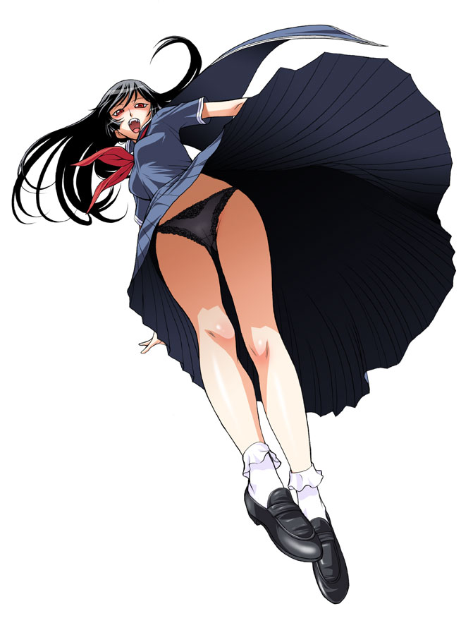 kouda tomohiro, kamura reiri, kaibutsu oujo, 00s, black hair, black serafuku, bobby socks, fang, from below, loafers, long hair, panties, pantyshot, red eyes, school uniform, serafuku, shoes, socks, solo, underwear, vampire