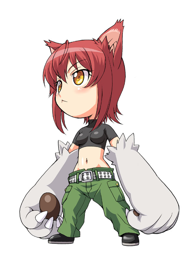 kouda tomohiro, riza wildman, kaibutsu oujo, 00s, animal ears, animal hands, babydoll t-shirt, belt, cargo pants, chibi, crop top, midriff, orange eyes, pants, red hair, short hair, simple background, solo, white background, wolf ears