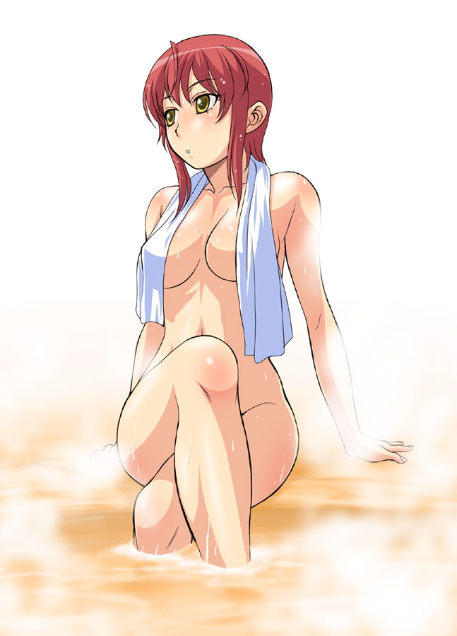 kouda tomohiro, riza wildman, kaibutsu oujo, 00s, 1girl, blush, breasts, large breasts, legs, nude, onsen, red hair, short hair, sitting, sweat, tomboy, towel, wet, yellow eyes