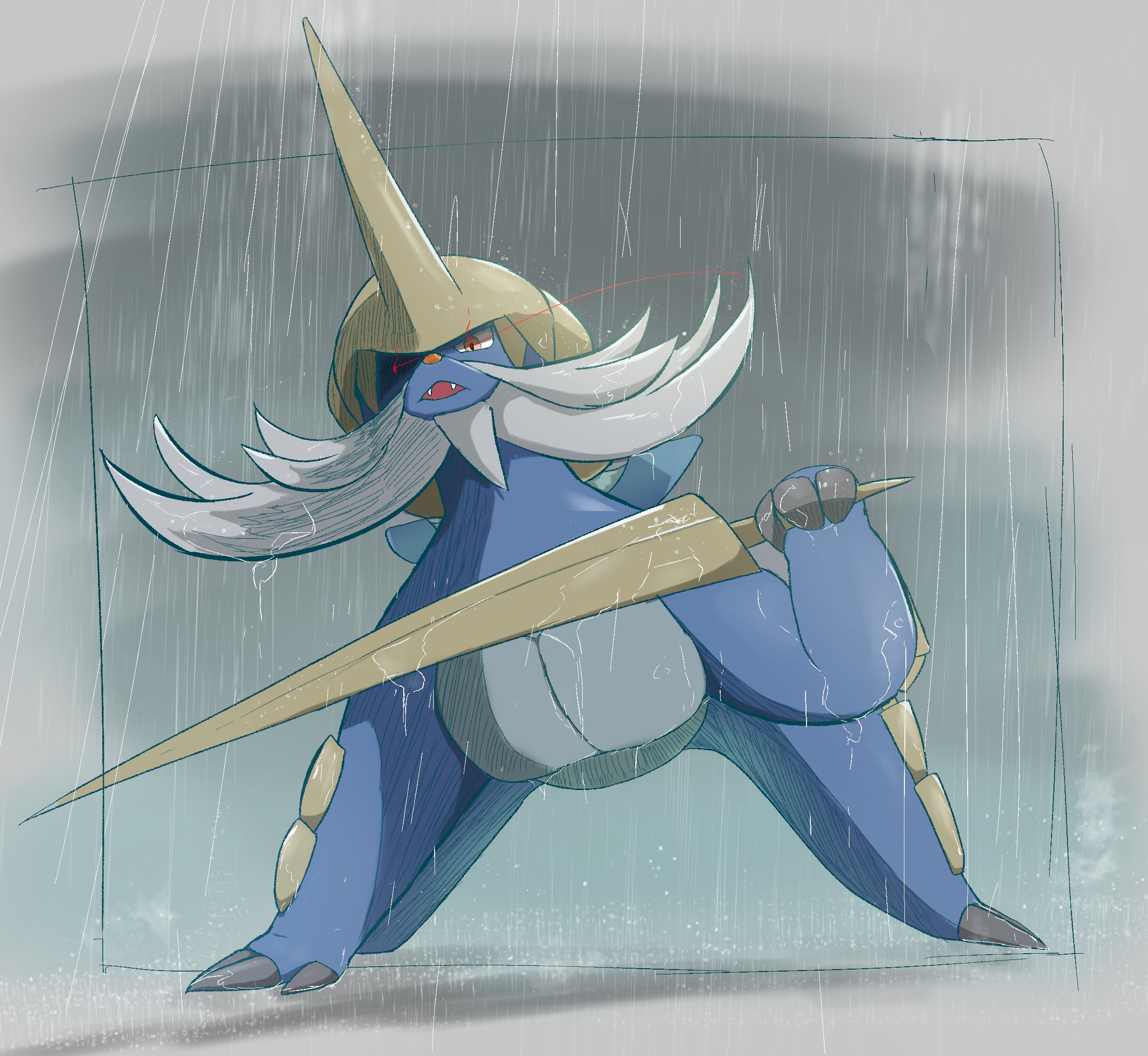 raaaichupudding, samurott, nintendo, pokemon, highres, fangs, gen 5 pokemon, holding, holding sword, holding weapon, looking at viewer, no humans, open mouth, pokemon (creature), pokemon focus, rain, red eyes, sword, water drop, weapon