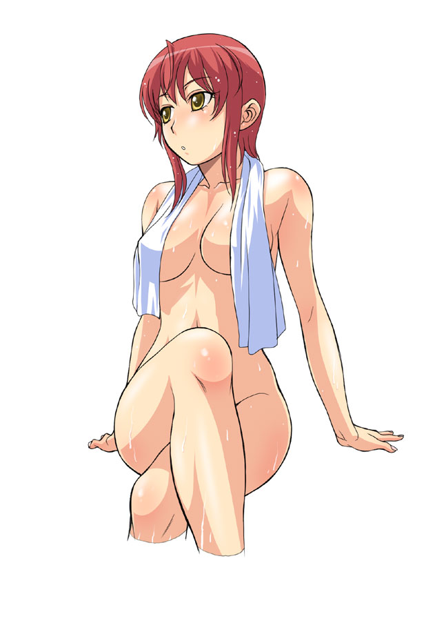 kouda tomohiro, riza wildman, kaibutsu oujo, 00s, 1girl, breasts, crossed legs, female focus, legs, naked towel, nude, orange eyes, red hair, short hair, sitting, solo, sweat, tomboy, towel, water, wet, yellow eyes