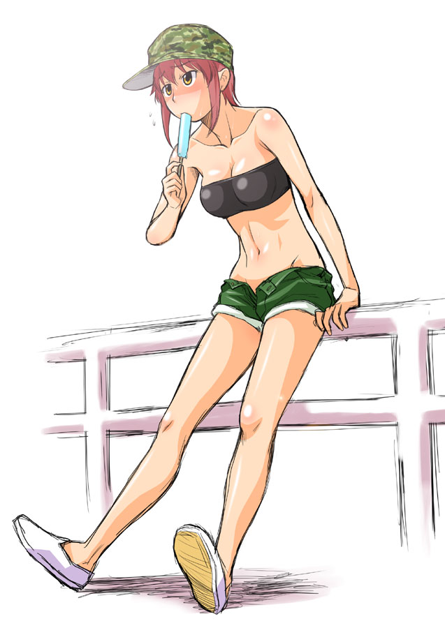 kouda tomohiro, riza wildman, kaibutsu oujo, 00s, 1girl, bandeau, bandeau bikini, bare shoulders, blush, breasts, cleavage, cutoffs, denim, denim shorts, female focus, food, full body, hat, legs, midriff, open clothes, open fly, open shorts, open zipper, popsicle, red hair, short hair, short shorts, shorts, sitting, solo, strapless, tomboy, tube top, unzipped, yellow eyes, zipper