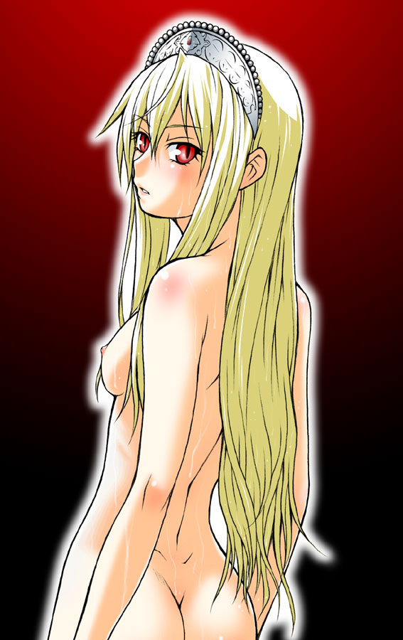 kouda tomohiro, hime (kaibutsu oujo), kaibutsu oujo, 00s, ass, blonde hair, breasts, long hair, looking back, nipples, nude, red eyes, sideboob, tiara, wet