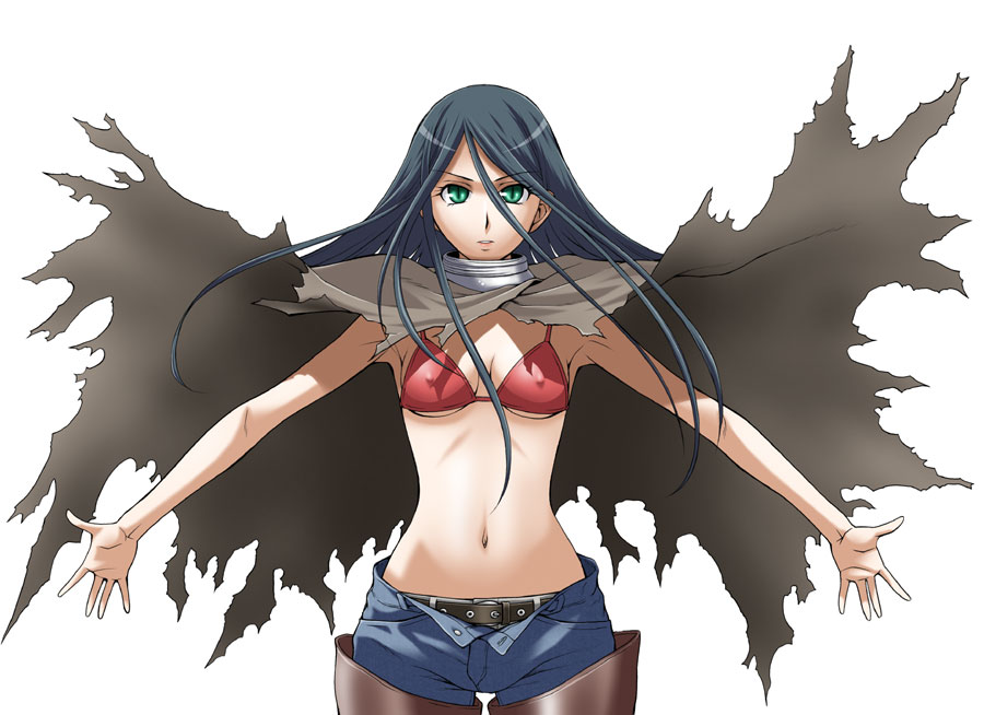 kouda tomohiro, mikasa, kaibutsu oujo, 00s, belt, bikini, bikini top only, black hair, covered erect nipples, green eyes, midriff, red bikini, simple background, solo, swimsuit, torn clothes, white background