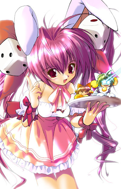 usada hikaru, di gi charat, 1girl, animal ears, bow, dice, female focus, pink bow, pink hair, solo, twintails
