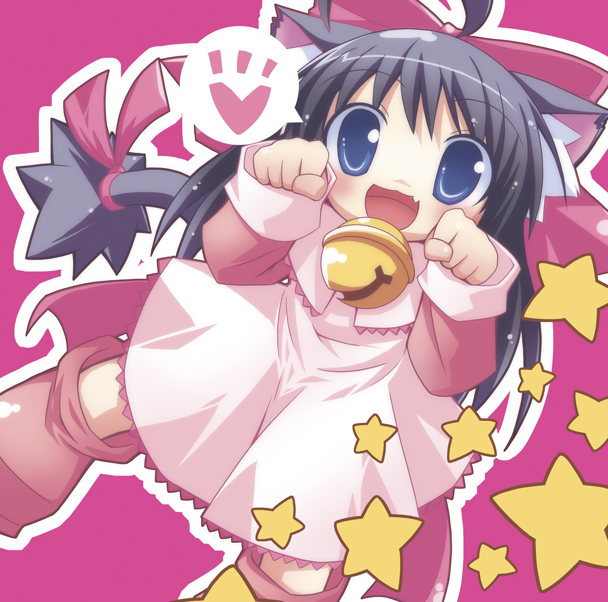 hirose madoka, 1girl, animal ears, bell, black hair, blue eyes, cat ears, cat tail, female focus, solo, tail