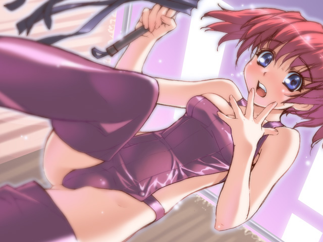 ino (magloid), 1girl, bdsm, blue eyes, breasts, cleavage, female focus, medium breasts, pink hair, short hair, solo, thighhighs, whip
