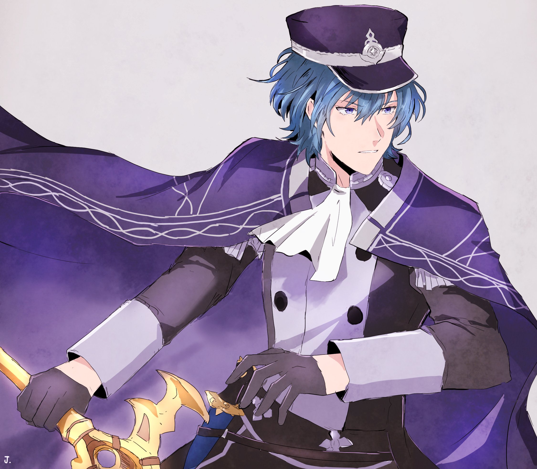 jupiter (042073), male byleth (anchor of hope) (fire emblem), male byleth (fire emblem), fire emblem, fire emblem: three houses, fire emblem heroes, nintendo, highres, 1boy, ascot, black gloves, blue eyes, blue hair, cape, garreg mach monastery uniform, gloves, hat, holding, long sleeves, male focus, official alternate costume, parted lips, peaked cap, purple cape, short hair, simple background, sleeve cuffs, solo, sword, sword of the creator, teeth, weapon, white ascot