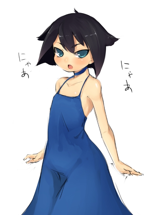 original, translated, 1girl, animal ears, aqua eyes, bare shoulders, black hair, bob cut, cat ears, choker, dress, fang, female focus, flat chest, short hair, simple background, solo, standing