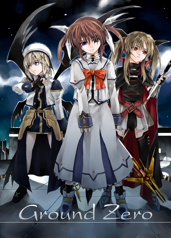 raid slash, bardiche (nanoha), fate testarossa, fate testarossa (lightning form), raising heart, raising heart (exelion mode), schwertkreuz, takamachi nanoha, takamachi nanoha (sacred mode), yagami hayate, lyrical nanoha, mahou shoujo lyrical nanoha, mahou shoujo lyrical nanoha a's, 00s, 3girls, arm belt, belt, black wings, blonde hair, bow, brown hair, cape, dress, fingerless gloves, gloves, hair ornament, jacket, long hair, magazine (weapon), magical girl, multiple girls, open clothes, open jacket, purple eyes, red bow, red eyes, red hair, short hair, skirt, sky, staff, star (sky), starry sky, thighhighs, twintails, unison (nanoha), waist cape, wings, x hair ornament, zettai ryouiki