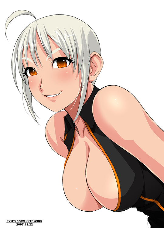 ryu (ryu's form site), original, 1girl, ahoge, breasts, cleavage, female focus, large breasts, short hair, simple background, solo