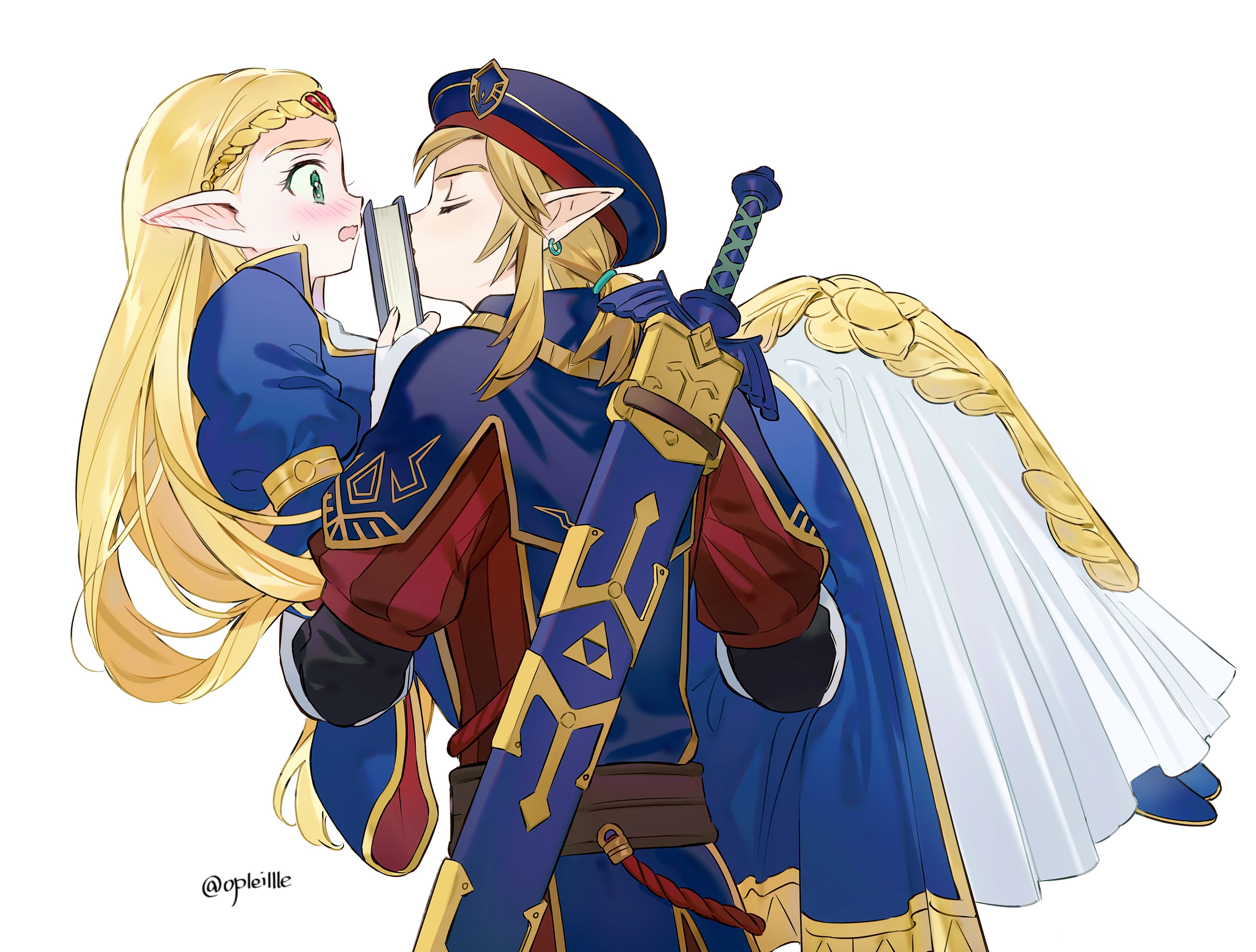 opleillle, link, princess zelda, nintendo, the legend of zelda, the legend of zelda: breath of the wild, the legend of zelda: tears of the kingdom, absurdres, commentary request, highres, 1boy, 1girl, beret, blonde hair, blue dress, blush, book, breasts, carrying, closed eyes, dress, ear blush, earrings, furrowed brow, green eyes, hair tie, hat, hetero, holding, holding book, jacket, jewelry, juliet sleeves, long hair, long sleeves, low ponytail, master sword, medium breasts, medium hair, military, military hat, military jacket, military uniform, pointy ears, ponytail, princess carry, puffy sleeves, royal guard set (zelda), sidelocks, sweatdrop, triforce, triforce print, twitter username, wavy mouth, weapon, weapon on back, white background