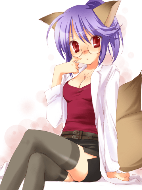 mofmof (sousa), fox (trickster), trickster (ntreev soft), trickster online, duplicate, 10s, 1girl, 1st, animal ears, blush, breasts, cleavage, female focus, fox, fox ears, fox tail, glasses, lab coat, pencil skirt, purple hair, red eyes, short hair, sitting, skirt, solo, tail, thighhighs, zettai ryouiki