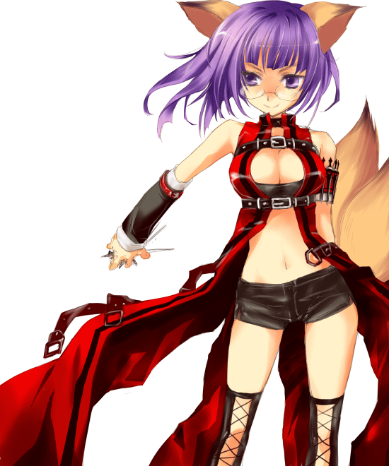 mofmof (sousa), fox (trickster), trickster (ntreev soft), trickster online, 10s, 1girl, 3rd, animal ears, breasts, cleavage, female focus, fox, fox ears, fox tail, glasses, large breasts, midriff, purple eyes, purple hair, short shorts, shorts, solo, tail, thief hunter, thighhighs