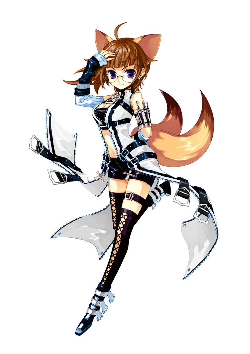fox (trickster), trickster (ntreev soft), trickster online, third-party edit, 10s, 3rd, ahoge, alternate color, animal ears, brown hair, fox, fox ears, fox tail, glasses, knife, midriff, purple eyes, short hair, short shorts, shorts, solo, tail, thief hunter, thighhighs