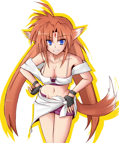 arf, lyrical nanoha, mahou shoujo lyrical nanoha, mahou shoujo lyrical nanoha a's, lowres, 00s, 1girl, animal ears, bare shoulders, blue eyes, breasts, cleavage, female focus, fox ears, gloves, large breasts, long hair, midriff, red hair, solo, tail