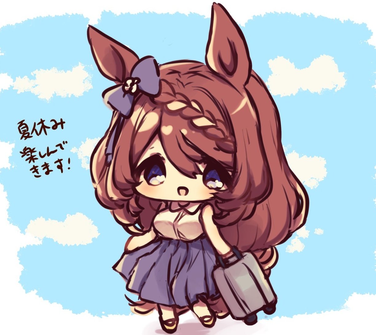 nanohana, super creek (umamusume), umamusume, 1girl, animal ears, blue eyes, blue skirt, blush, bow, braid, breasts, brown hair, chibi, ear bow, hair between eyes, holding, holding suitcase, horse ears, horse girl, horse tail, large breasts, long hair, long skirt, looking at viewer, multicolored hair, open mouth, rolling suitcase, shirt, skirt, sleeveless, smile, solo, streaked hair, suitcase, tail, very long hair, white hair, white shirt