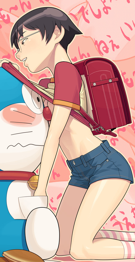 go robots, doraemon (character), nobi nobita, doraemon, gender request, 1girl, backpack, bag, brown eyes, brown hair, clothes lift, flat chest, genderswap, glasses, raglan sleeves, randoseru, shirt lift, short hair, shorts