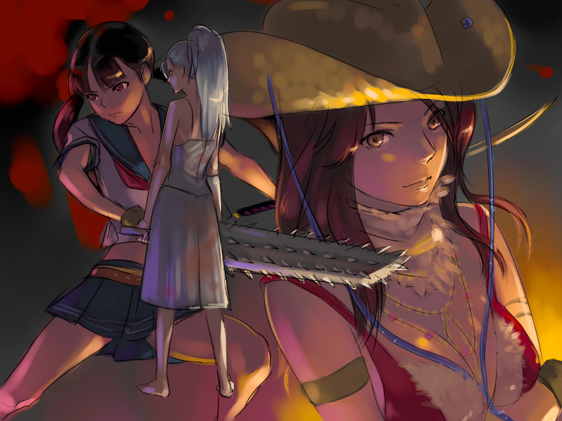 fuchida kazuhiro, aya (oneechanbara), misery (oneechanbara), saki (oneechanbara), oneechanbara, blade, silver hair, 3girls, barefoot, belt, bikini, bikini top only, breasts, brown hair, cleavage, cowboy hat, cowboy western, crop top, dress, feet, hat, large breasts, long hair, midriff, multiple girls, ponytail, red eyes, school uniform, serafuku, skirt, stampede string, swimsuit, sword, twintails, weapon, yellow eyes