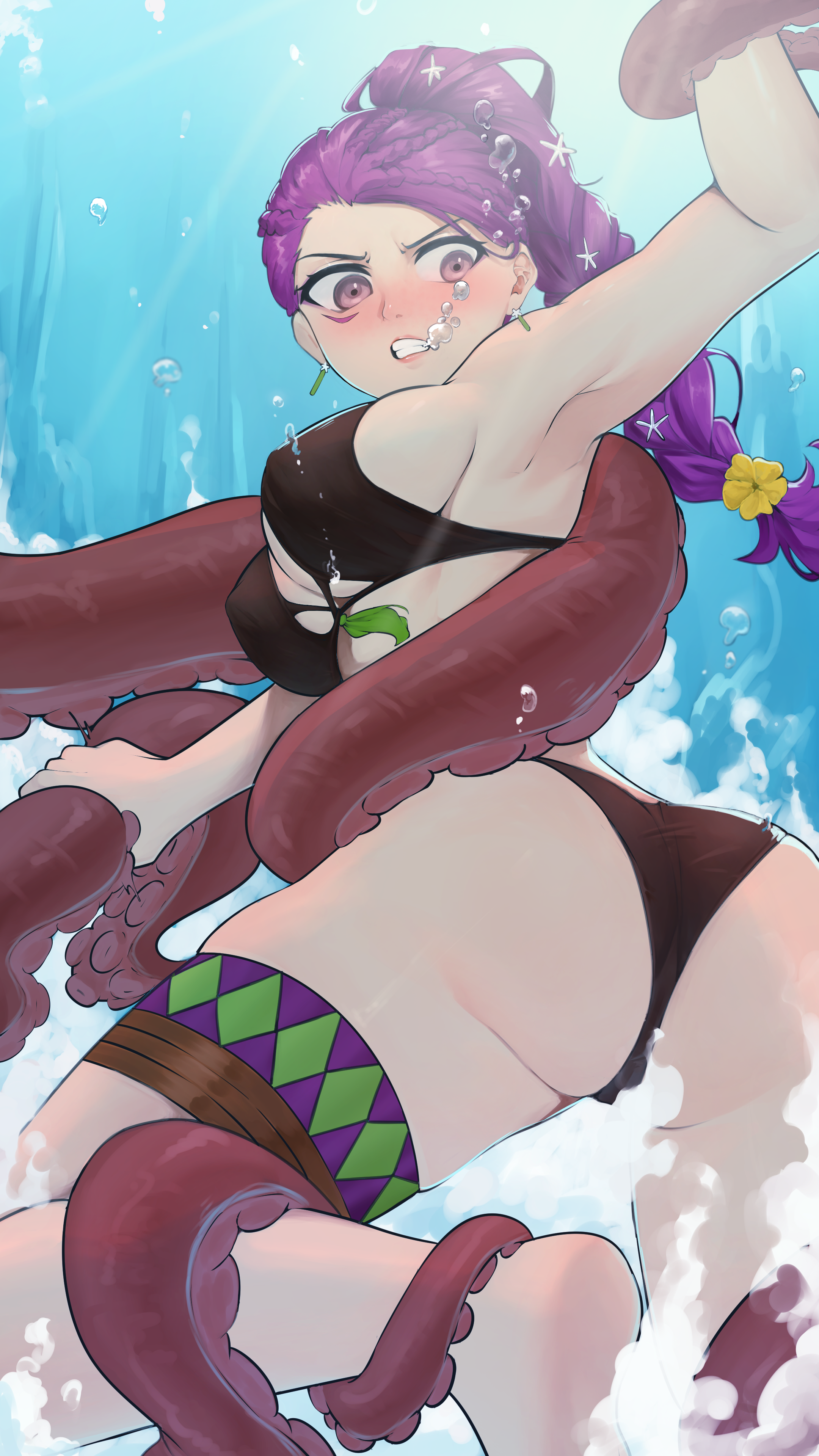 biru saeika, petra macneary, fire emblem, fire emblem: three houses, nintendo, 1girl, ass, bikini, breasts, captured, clenched teeth, large breasts, octopus, purple eyes, purple hair, sideboob, swimsuit, teeth, tentacles, underwater