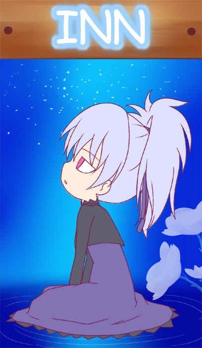 kuro (be ok), yin (darker than black), darker than black, silver hair, 00s, 1girl, dress, english text, expressionless, female focus, flower, long sleeves, ponytail, purple dress, purple eyes, sitting, solo