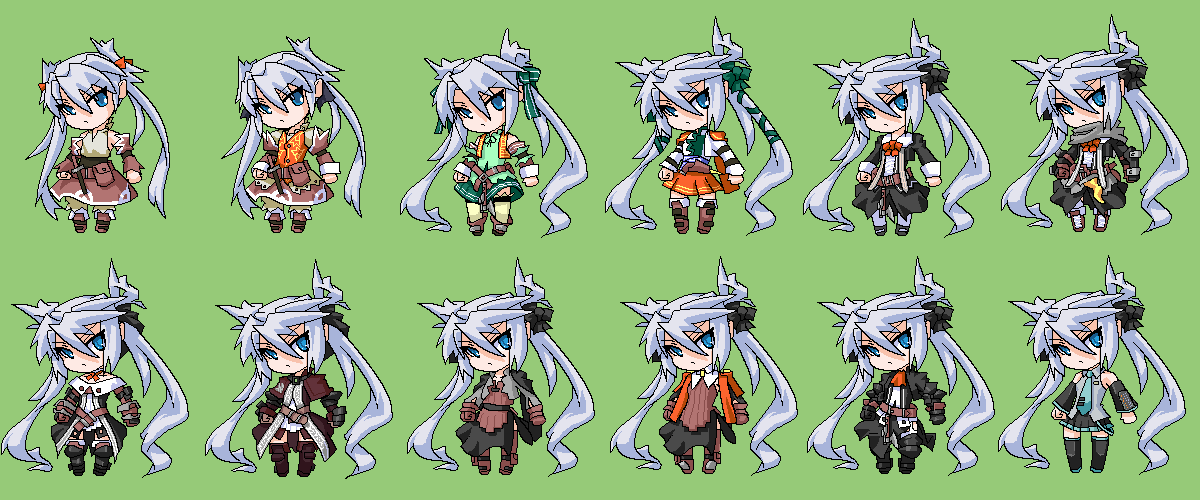 mof, hatsune miku, mof's silver haired twintailed girl, original, vocaloid, 1girl, cosplay, hatsune miku (cosplay), long hair, multiple views, oekaki, twintails, variations, very long hair