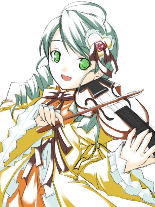ribi, kanaria, rozen maiden, 00s, 1girl, :d, ahoge, dress, female focus, green eyes, green hair, instrument, long sleeves, looking at viewer, matching hair/eyes, music, open mouth, playing instrument, simple background, smile, solo, violin, white background, wide sleeves, yellow dress