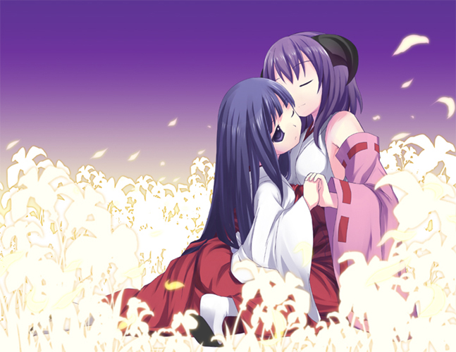 shiratama dango, furude rika, hanyuu, higurashi no naku koro ni, 00s, 2girls, age difference, alternate hairstyle, blue hair, blunt bangs, child, closed eyes, detached sleeves, feet, field, flower, flower field, full body, hakama, hakama skirt, holding hands, horns, japanese clothes, miko, multiple girls, one eye closed, onee-loli, petals, purple eyes, purple hair, red hakama, short hair, skirt, wide sleeves, yuri