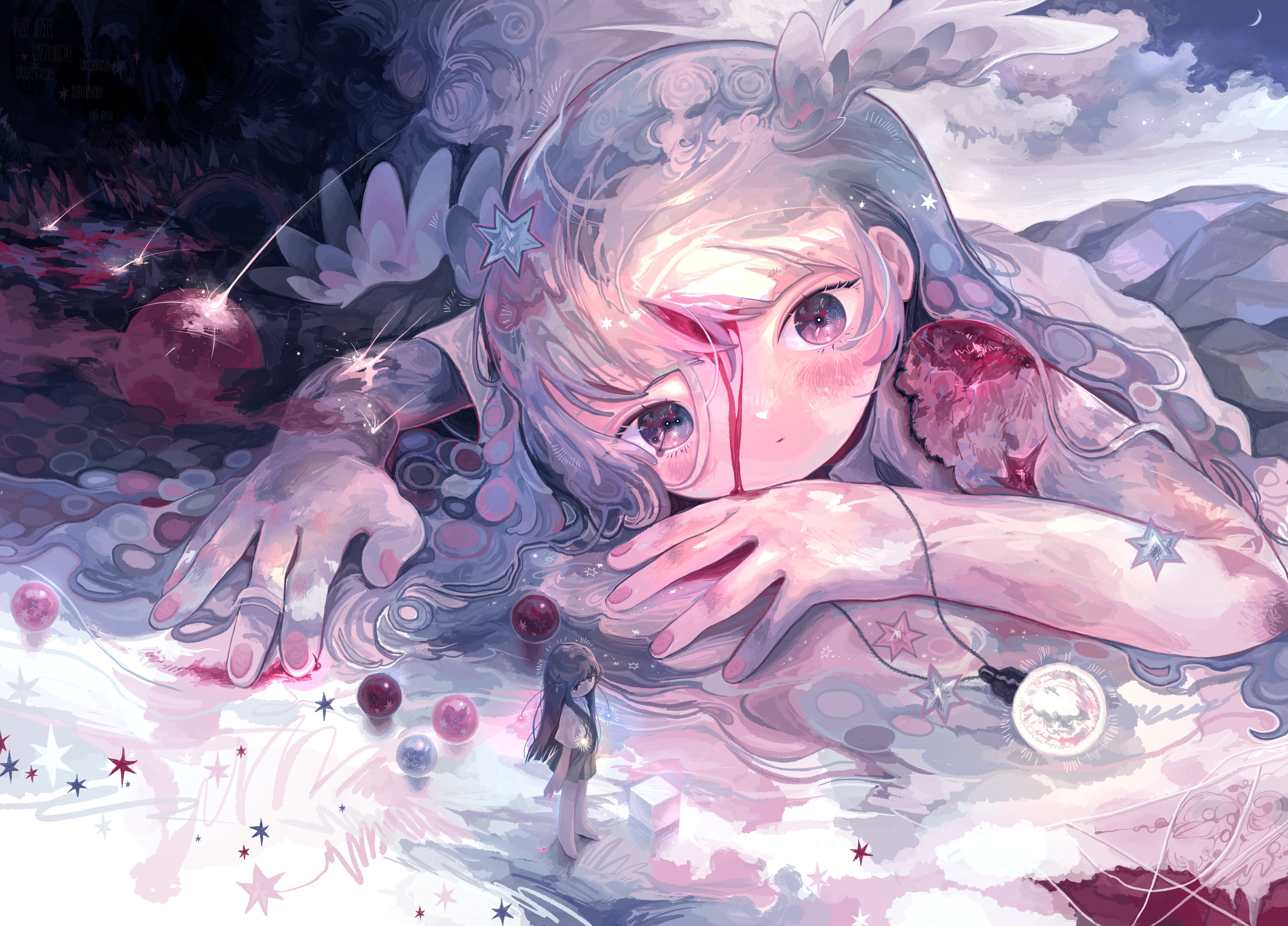 sizucomaru, original, absurdres, highres, 2girls, black skirt, blood, crescent moon, cube, expressionless, giant, giantess, glowing necklace, head wings, jewelry, long hair, looking at viewer, lying, moon, multiple girls, necklace, on stomach, orb, pink nails, shadow, shirt, short sleeves, size difference, skirt, standing, star (symbol), surreal, very long hair, white shirt, wings