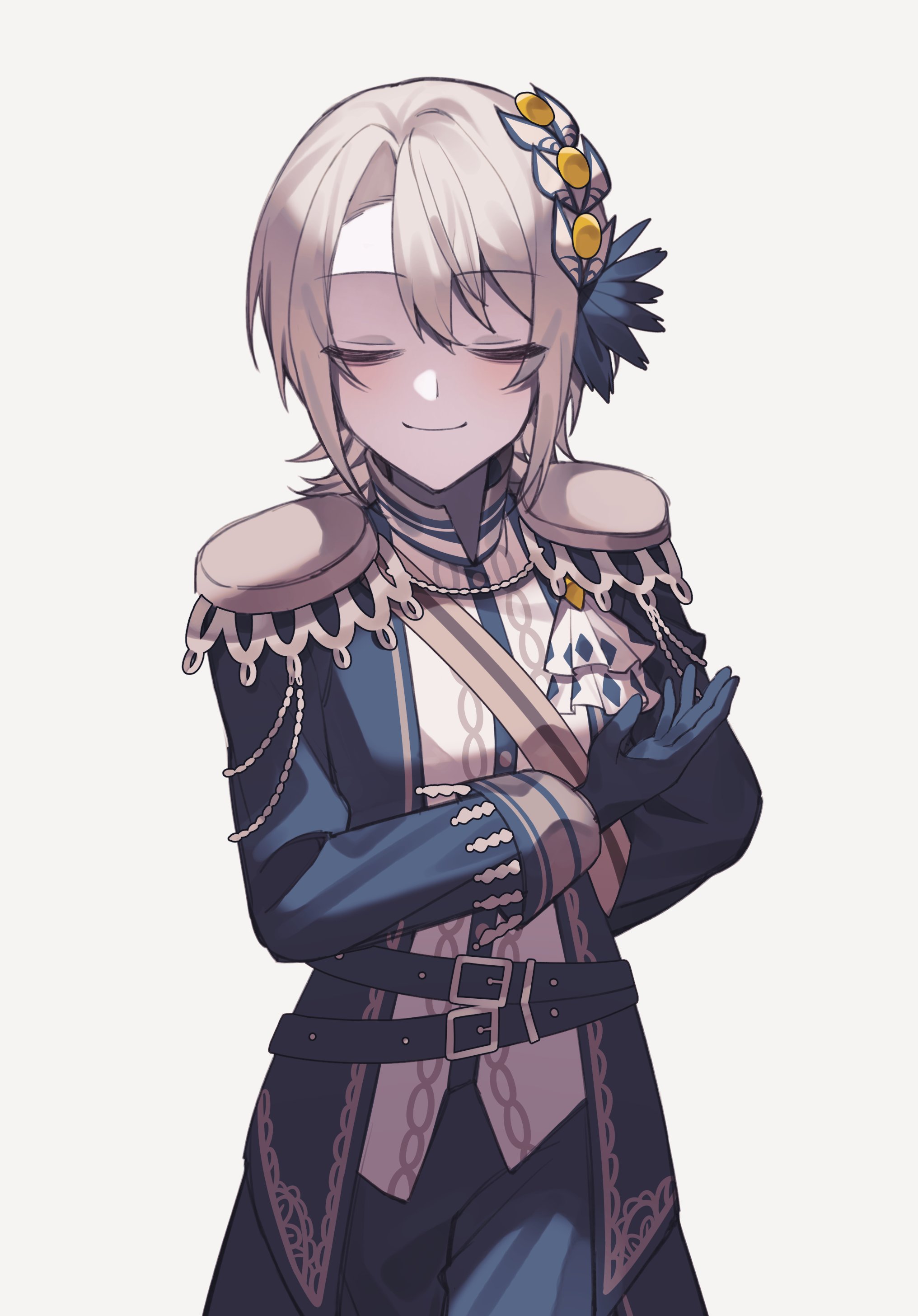 mahou shoujo no majo saiban, absurdres, hashtag-only commentary, highres, 1girl, arm behind back, black gloves, black jacket, black pants, blonde hair, bowing, butler, butler bowing, closed eyes, cowboy shot, facing viewer, gloves, hasumi reia, jacket, long sleeves, mu (km mnsb), pants, sash, short hair, shoulder sash, simple background, smile, solo, white background