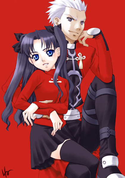 akizuki wataru, karamiti, archer (fate), tohsaka rin, fate/stay night, fate (series), silver hair, 00s, 1boy, 1girl, :d, black skirt, black thighhighs, blue eyes, closed mouth, dark-skinned male, dark skin, long hair, long sleeves, open mouth, pants, pleated skirt, red background, simple background, sitting, skirt, smile, smirk, sweater, teeth, thighhighs, zettai ryouiki