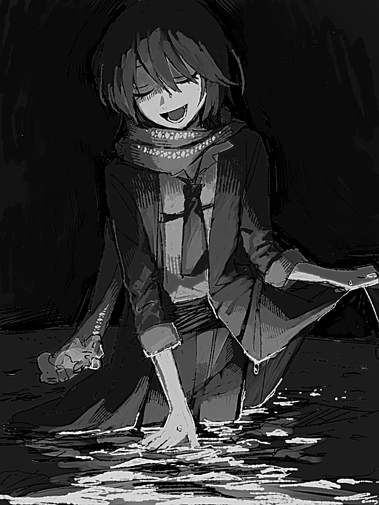 mashiro meme, mashiro meme (1st costume), nijisanji, 1boy, closed eyes, coat, collared shirt, facing viewer, fang, goringo2828, greyscale, hair between eyes, lower teeth only, male focus, monochrome, necktie, open mouth, pants, scarf, shirt, short hair, smile, solo, teeth, two side up, virtual youtuber, wading, wet