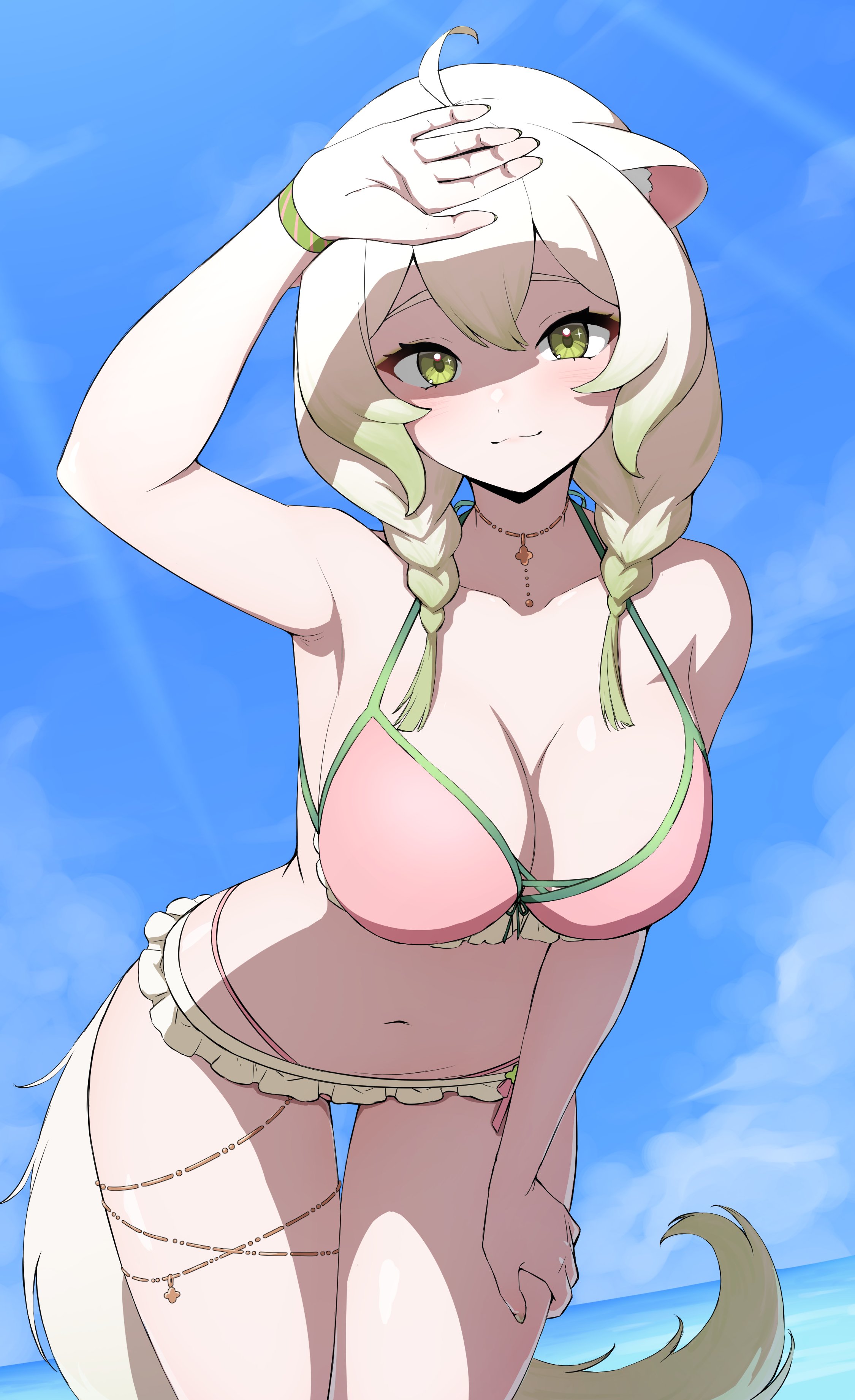 daydarion, laimu (vtuber), vinesauce, absurdres, highres, 1girl, ahoge, animal ears, beach, belly, bikini, braid, breasts, ferret, ferret ears, ferret girl, ferret tail, gold choker, gold thighlet, gradient hair, gradient tail, green eyes, green hair, green nails, green tail, hair between eyes, high-waist bikini, laimu (vtuber) (summer), large breasts, microskirt, multicolored hair, multicolored tail, navel, ocean, pink nails, shadow, skirt, summer, swimsuit, tail, thick thighs, thigh gap, thighs, twin braids, two-tone hair, two-tone tail, virtual youtuber, white hair, white tail