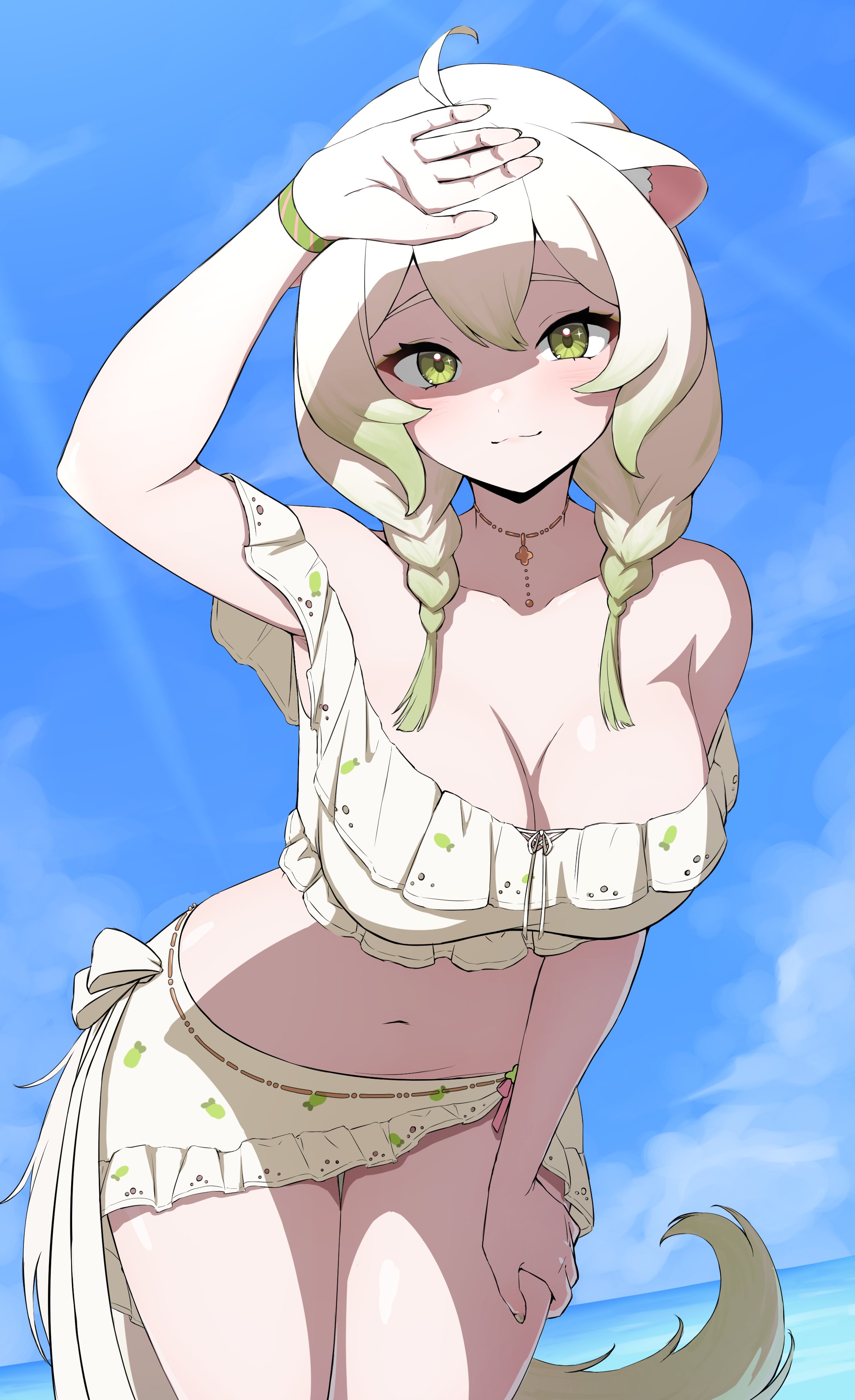 daydarion, laimu (vtuber), vinesauce, absurdres, highres, 1girl, ahoge, animal ears, bare shoulders, beach, belly, braid, breasts, crop top, ferret, ferret ears, ferret girl, ferret tail, gold choker, gold thighlet, gradient hair, gradient tail, green eyes, green hair, green nails, green tail, hair between eyes, laimu (vtuber) (summer), large breasts, miniskirt, multicolored hair, multicolored tail, navel, no bra, no panties, ocean, pink nails, shadow, skirt, summer, swimsuit, tail, thick thighs, thigh gap, thighs, twin braids, two-tone hair, two-tone tail, virtual youtuber, white hair, white tail