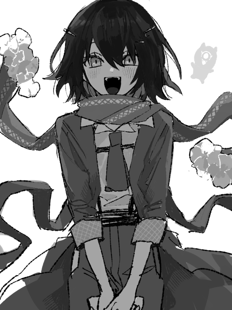 mashiro meme, mashiro meme (1st costume), nijisanji, 1boy, :d, coat, collared shirt, fangs, goringo2828, greyscale, looking at viewer, male focus, monochrome, necktie, open mouth, pants, safety pin hair ornament, scarf, shirt, short hair, simple background, smile, solo, suspenders, teeth, two side up, upper teeth only, virtual youtuber, white background