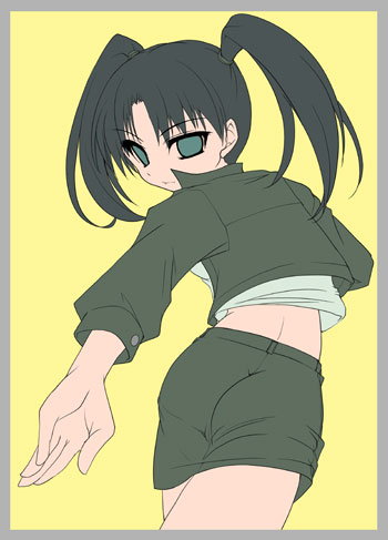 kouki kuu, amasawa yuuko, dennou coil, lowres, 00s, 1girl, ass, black hair, border, female focus, foreshortening, from behind, green eyes, long sleeves, looking at viewer, looking back, outstretched arm, simple background, solo, twintails, yellow background