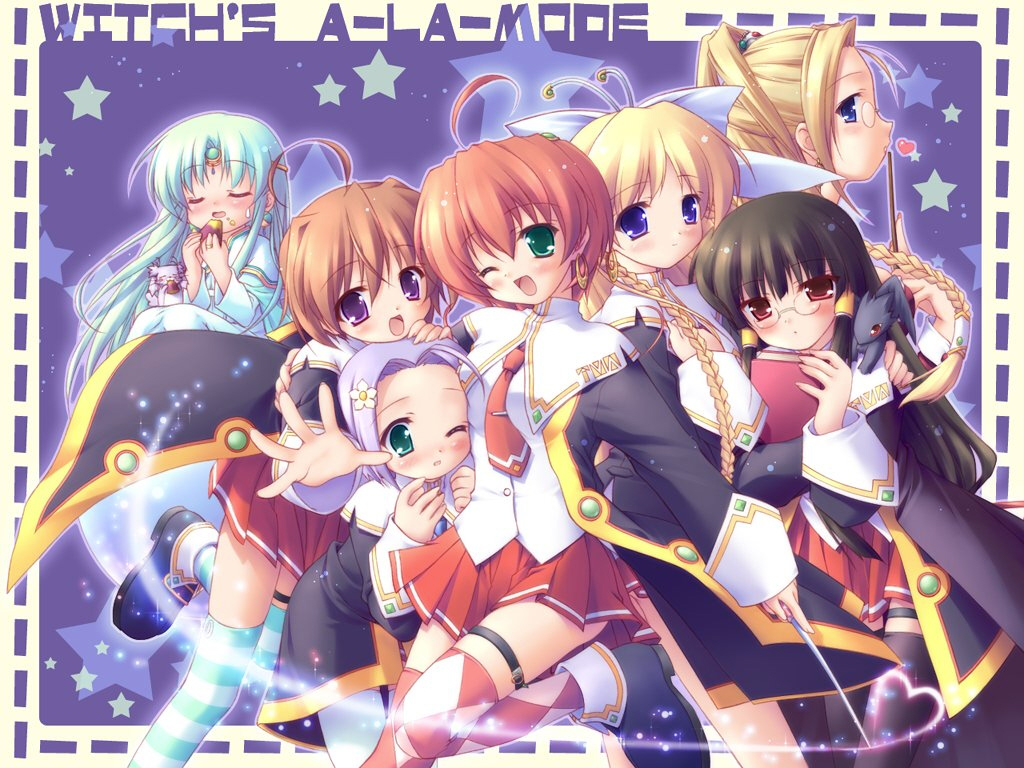 komatsu eiji, cauldron (majokko), ellene sylvana, freya brilliant, milky milkcock, rydia arsenal, seven (majokko), silvia aizetto, soleil brilliant, majokko a la mode, 6+girls, braid, cauldron, multiple girls, one eye closed, school uniform, serafuku, smile, thighhighs, wand, wink, witch