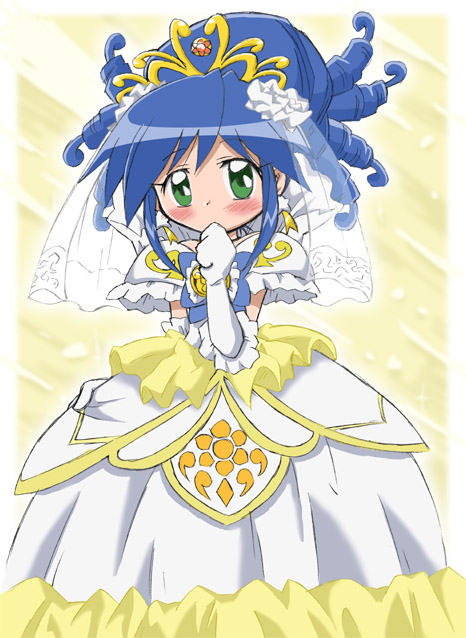 rein (futagohime), rein (prominence eternal miracle change) (futagohime), fushigiboshi no futago hime, 00s, blue hair, blush, dress, elbow gloves, gloves, green eyes, long hair, solo, wedding dress